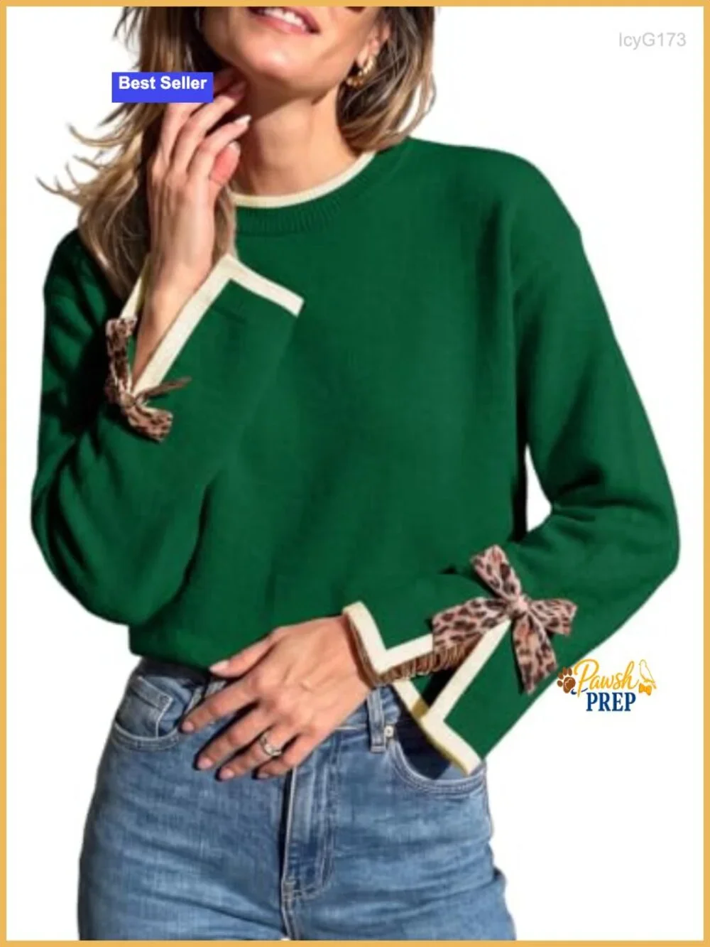 Leopard Print Bow Women's Sweater Long Sleeve Knit Pullover